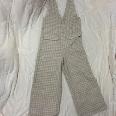 チェック柄 オールインワン サロペット ワイドパンツ Vネック 美シルエット M相当