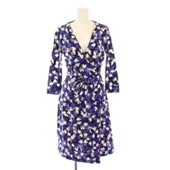 ダイアンフォンファステンバーグ DIANE von FURSTENBERG ラップワンピース 巻き タイト ひざ丈 七分袖 カシュクール Vネック ストレッチ シルク混 総柄 2 紫 パープル /BB