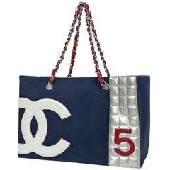 샤넬 CHANEL 코코 마크 체인 토트 백 No5 초코 바 토트 백 캔버스 네이비 실버 여성 [중고]