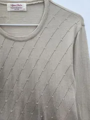 ヴィンテージ 森ガール 斜めボーダー デザインテープ ウール100 ベージュ 長袖Tシャツ L