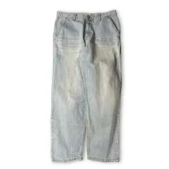 (33) ウール モス ライトブルー ワイド デニム パンツ L