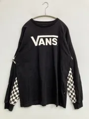 VANS バンズ Tシャツ/カットソー M ブラック チェック柄 前面プリント ブランドロゴ クルーネック(丸首) 長袖