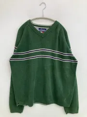 TOMMY HILFIGER トミーヒルフィガー ニット/セーター XL グリーン コットン ニット ボーダー柄 ブランドロゴ ミドル丈 長袖 Vネック