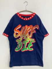 Rusty ラスティ Tシャツ/カットソー M ネイビー 前面プリント バックプリント ブランドロゴ ライン柄 ミドル丈 クルーネック(丸首) 半袖