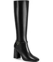 カール ラガーフェルド レディース シューズ ブーツ・レインブーツ トール ブローグ ブーツ レザー KARL LAGERFELD PARIS Shreya Leather Brogue Strap Square Toe Tall Boots BlackBri