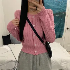 ピンク ケーブル編み ニット カーディガン
