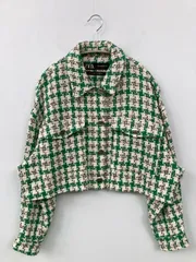 ZARA ザラ ノーカラージャケット M グリーン ツイード チェック柄 ショート丈