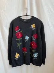 フラワーパターン チャコール ウールニット(M)