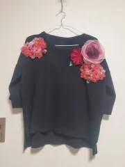 ブラック 花 装飾 半袖 ニット Free