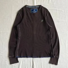 00s　archive　AMERICAN EAGLE　VINTAGE FIT　アメリカンイーグル　L/S サーマルTシャツ　カットソー　ワッフル　鷲ロゴ刺繍　ブラウン　茶　ブルーステッチ　Y2K　アメカジ　パンキッシュ　グランジ　brown thermal-T