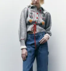 ザラ ジャカード カラー フローラル ニット カーディガン