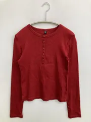 UNIQLO ユニクロ Tシャツ/カットソー S レッド 無地 ショート丈 長袖 ヘンリーネック クルーネック(丸首)