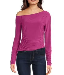 モアモア レディース トップス Tシャツ アシンメトリー Moa Moa Off The Shoulder Long Sleeve Asymmetrical Hem Top Magenta マゼンタ