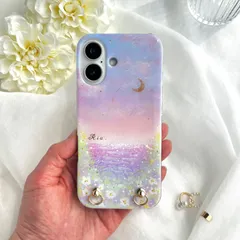 new⁎✧ ゴールドの三日月浮かぶパステルカラーの空と虹色に煌めく海のスマホケース　iPhoneケース　Android  名入れ　オーロラ　虹色　お花畑　カラフル　スマホショルダーストラップ　ギフト　母の日　iPhone17e iPhone17 全機種対応