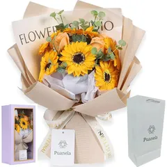 【新品】 【anan掲載店・プロ監修】 Puanela ソープフラワー 花束 ひまわり 誕生日 母の日 ギフト 退職 敬老の日 記念日 プレゼント 紙袋付き 造花(ベージュラッピング)