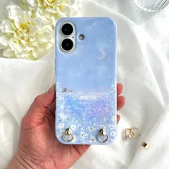 new ⁎✧三日月浮かぶパステルブルーの夜空と煌めく海のスマホケース　iPhoneケース　Android  名入れ　オーロラ　虹色　お花畑　カラフル　スマホショルダーストラップ　ギフト　母の日　iPhone17e iPhone17 Android 全機種対応