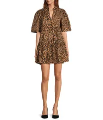 シュガーリップス レディース トップス ワンピース Vネック ティアード ミニワンピース プリント ミニ Sugarlips Leopard Printed Split VNeck Short Sleeve Tiered Mini Dress Leopard