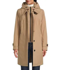 ロンドンフォグ レディース アウター コート London Fog Hooded Neck Long Sleeve Button Front Water Resistant Rain Coat Khaのサムネイル