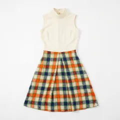 [C-7] 異素材切替 チェック柄ドッキングワンピース