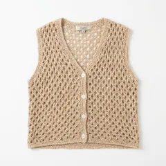 [C-7] 透かし編みVネックニットベスト ベージュ