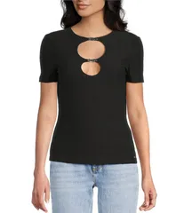 ゲス レディース トップス Tシャツ ニット Guess Valeria Short Sleeve Hook Detailed Textured Knit Top Jet Black ブラック