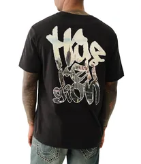 トゥルーレリジョン メンズ トップス シャツ Tシャツ True Religion Short Sleeve Graffiti Puff TShirt Jet Black ブラック