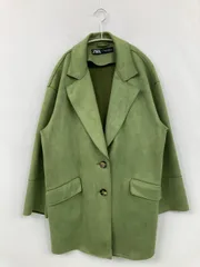 ZARA ザラ ステンカラーコート USA S グリーン スエード 無地 ミドル丈 フードなし