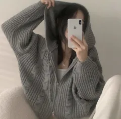 ケーブル編み ニット フード ジップアップ 2 (FREE)(3COLOR)