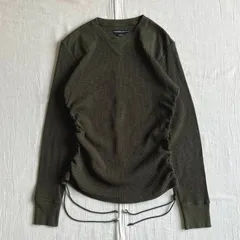 希少　archive　AVIREX USA　アヴィレックス　リブ編みコットンニット生地　コマンドセーター　ロングスリーブTシャツ　ギミックカットソー　サイドシャーリング　ドローコード　レースアップ調　Vガゼット　L　カーキグリーン　ミリタリー　Y2K　グランジ