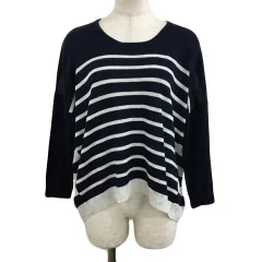 グローバルワーク GLOBAL WORK セーター ニット プルオーバー ラウンドネック ボーダー 薄手 ドロップショルダー 長袖 S 紺 白 ネイビー ホワイト