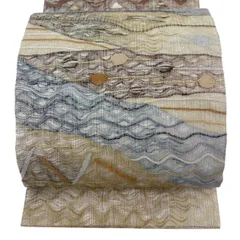 【美品】 袋帯 名品 夏帯 段縞 幾何学模様 金銀糸 箔 ベージュ 六通 正絹 【中古】