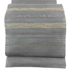 名古屋帯 秀品 夏帯 絽 縞 よろけ縞 金銀糸 灰色 正絹 【中古】