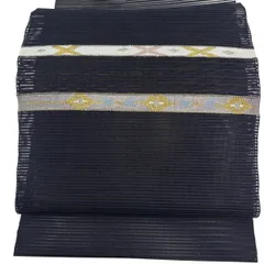 【美品】 名古屋帯 秀品 夏帯 絽 トンネル仕立て 縞 幾何学模様 金銀糸 黒 正絹 【中古】