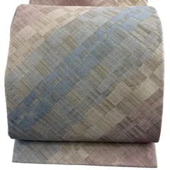 【美品】 袋帯 名品 斜め格子 金糸 箔 薄オレンジ 全通 正絹 【中古】