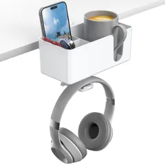 【数量限定】回転可能なヘッドホンハンガーとスマートフォン、カップ、ペン収納できる取り外し可能な フックヘッドホンホルダー ヘッドホン スタンド2つワイヤホール付きの卓下 デスクストレージ(白い)-Cup ドリンクホルダー付きヘッドホン 1デスクオーガナイザ