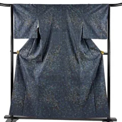 【美品】 紬 身丈159.5cm 裄丈64cm M 袷 枝花 鳥 青緑 正絹 名品 【中古】