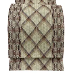 【美品】 袋帯 秀品 斜め格子 幾何学模様 銀糸 クリーム 全通 正絹 【中古】