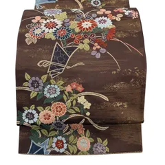 袋帯 秀品 関西仕立て 花束 霞 唐織 本金箔 焦茶色 六通 正絹 【中古】