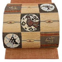 【美品】 袋帯 秀品 鳥 花唐草 金糸 刺繍 オレンジ お太鼓柄 正絹 【中古】