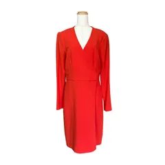 【タグ付き】DIANE VON FURSTENBERG ワンピース サイズ8 ブライトレッド A-Lineドレス カシュクール風 Vネック 長袖 膝丈 ドレス ダイアンフォンファステンバーグ red dress DVF