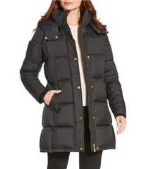 ダナキャラン レディース アウター コート リブニット Donna Karan Rib Knit Stand Collar Hooded Snap Front Puffer Coat Black ブラのサムネイル