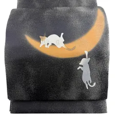 【美品】 袋帯 逸品 猫 三日月 銀糸 金彩 黒 お太鼓柄 正絹 【中古】