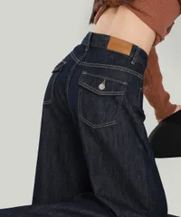 ワイドデニムパンツ レディース ハイウエスト ジーンズ バギーパンツ ゆったり 体型カバー ロングパンツ 美脚 脚長 レトロ風 レザーパッチ 韓国風 着やせ デニムパンツ CH1DKUAN-001