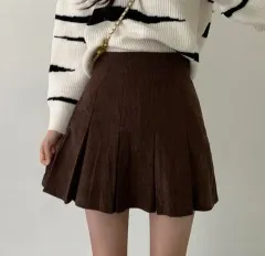 ably コーデュロイ プリーツ 冬 ミニ スカート ブラウン ジグザグ