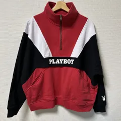 トレンド◎！(^w^)b PLAY BOY プレイボーイ トレーナー スウェット カンガルーポケット スポーツミックス ハーフジップ プルオーバー コットン ポリエステル 赤 レッド 白 ホワイト 黒 ブラック メンズ サイズ M OM11457HGのサムネイル