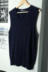 (M-L) ポロ ラルフローレン ニット ベスト ケーブル編み ネイビー-169C3