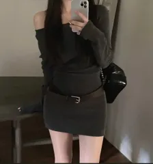 リブ 片方オフショルダー ニット ONE PIECE (チャコール)