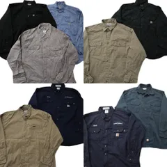 古着卸 まとめ売り カーハート Carhartt 長袖シャツ 9枚セット (メンズ 2XL /3XL /4XL ) ダブルフラップ ネイビー ベージュ 中古 NE0586