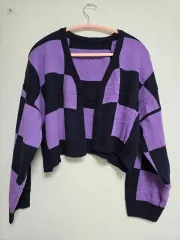 CHECK パータン クロップド カーディガン PURPLE/ブラック F 新品
