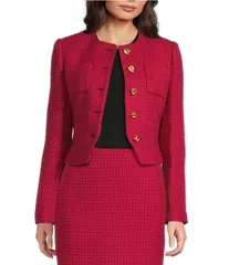 ダナキャラン レディース アウター コート クルーネック ツイード クロップド ジャケット Donna Karan Tweed Crew Neck Button Front Cropped Jackeのサムネイル